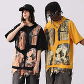 GENANX闪电潮牌冰凉感街景印花破洞贴布不规则下摆宽松落肩短袖