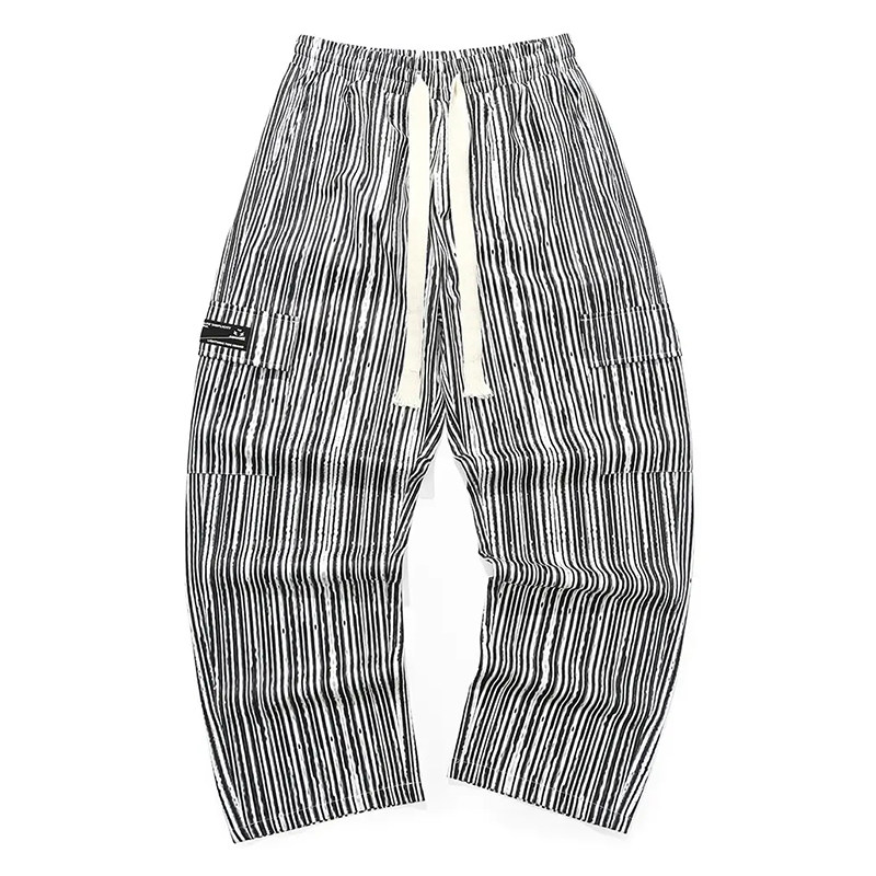 GENANX闪电潮牌vintage裤子高街复古黑白线条工装贴袋抽绳休闲裤