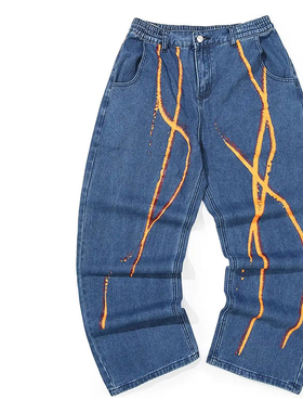 GENANX闪电潮牌新款秋冬弹力牛仔蓝宽松直筒蓝色垂感阔腿牛仔裤男