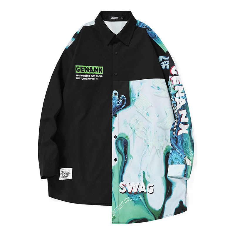 闪电潮牌genanx不规则下摆拼色艺术涂鸦印花落肩袖长袖衬衫潮男