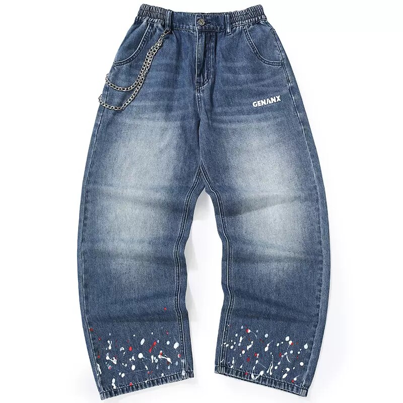 genanx闪电潮牌新款泼墨风格牛仔裤长裤男百搭宽松挂链装饰休闲裤