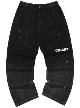 GENANX闪电潮牌新款牛仔裤基础LOGO印花黑灰色宽松牛仔裤长裤男
