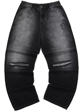 GENANX闪电潮牌夏季新款牛仔裤黑灰色水洗直筒破洞线须设计裤子男