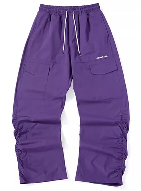 GENANX闪电潮牌春季新款抽绳褶皱设计紫色宽松直筒休闲垂感长裤男