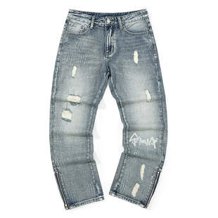 GENANX闪电潮牌水洗牛仔裤破洞线须裤脚拉链开衩修身小脚牛仔长裤