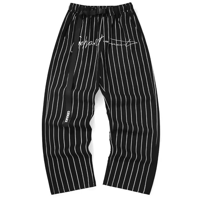 GENANX闪电潮牌新款黑白条纹印花宽松直筒休闲裤插扣腰带裤子