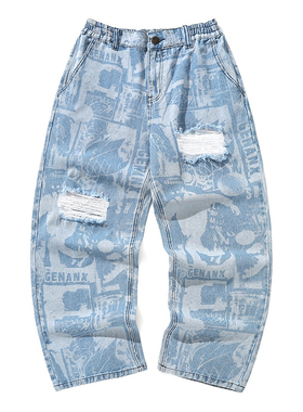 GENANX闪电潮牌牛仔裤破洞线须满印涂鸦浅蓝色直筒牛仔长裤休闲裤
