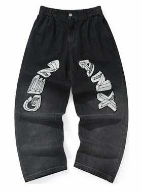 GENANX闪电潮牌黑色牛仔裤春季新款字母植绒绣设计高腰宽松牛仔裤