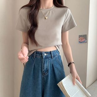 欧货洋气高腰显瘦上衣女 新款 美式 正肩纯棉短袖 t恤女夏季