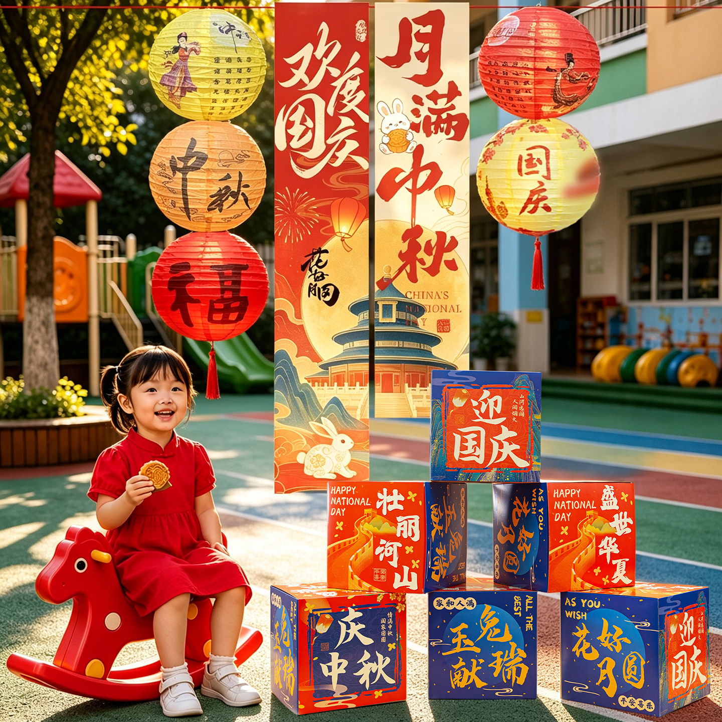 中秋节装饰国庆氛围场景布置条幅背景布门店景点网红打卡拍照道具图片