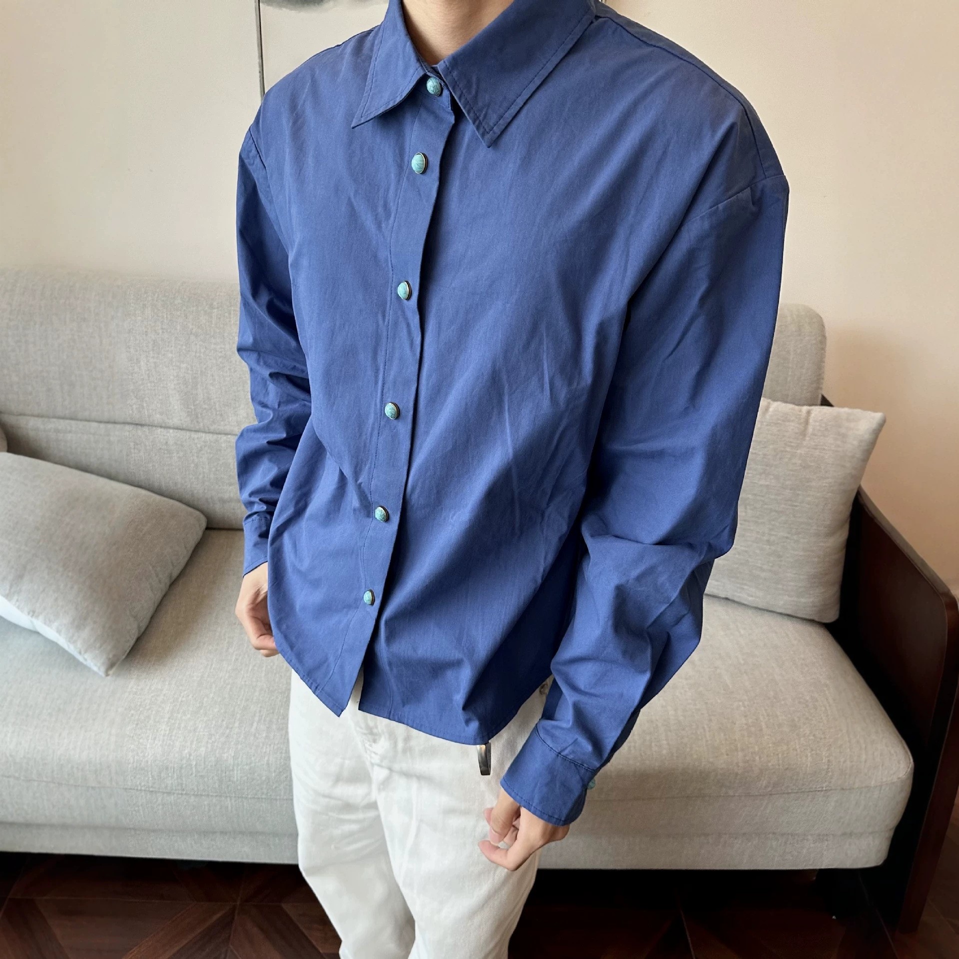 2026新款绿松石知识分子老钱风长袖衬衫男宽松潮流衬衣外套春秋季