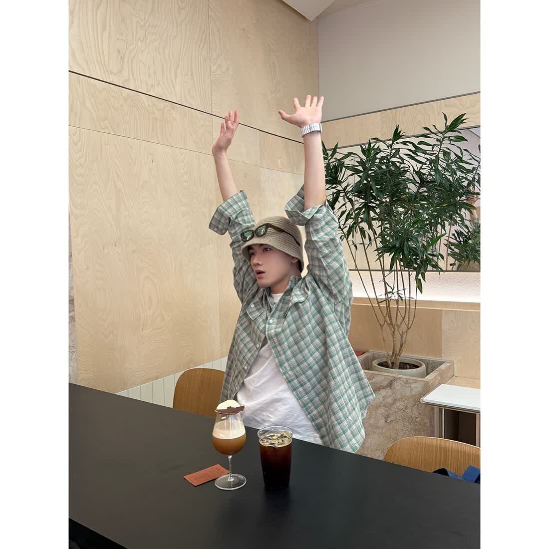 美式复古薄款格子防晒长袖衬衫男春秋季情侣百搭撞色休闲宽松外套