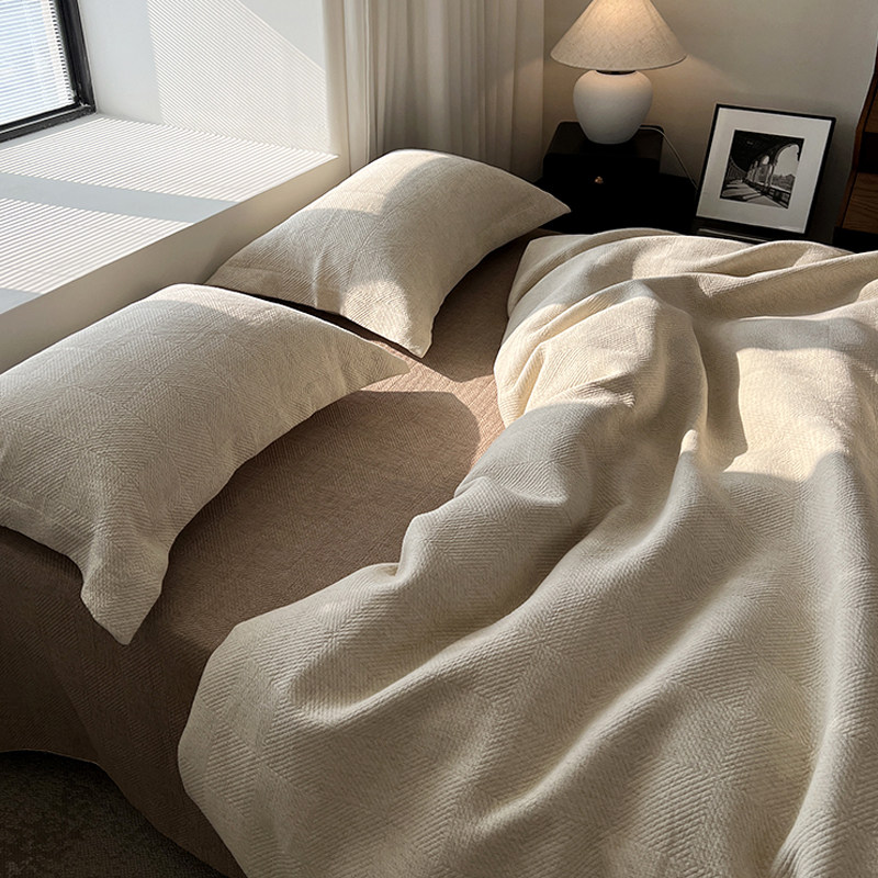 重磅进口黄金纱线棉麻床盖三件套绗缝肌理感中古风双用床单四件套