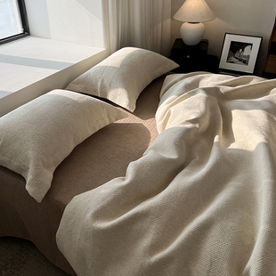 重磅进口黄金纱线棉麻床盖三件套绗缝肌理感中古风双用床单四件套