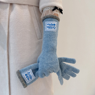 韩国订单 含羊毛长款休闲百搭冬季保暖手套女柔软露二指可触屏韩