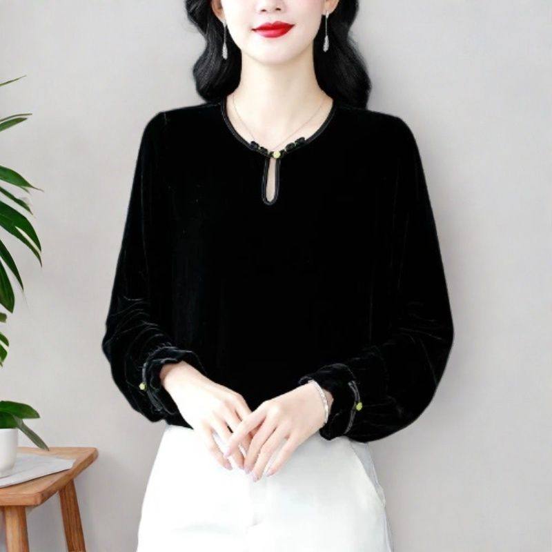 新中式黑色金丝绒长袖衬衫2009