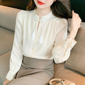 衬衫 新中式 女装 高级感打底衫 中国风复古流苏盘扣立领长袖 内搭衬衣