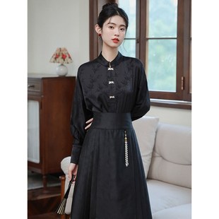 配马面裙的衬衫女新中式飞机袖黑色上衣国风改良汉服立领对襟衬衣