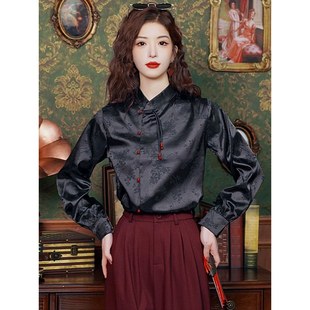 搭配马面裙的衬衫女新中式国风黑色衬衣古风汉服立领对襟上衣秋季