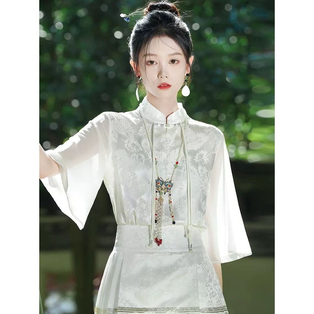 汉服新中式上衣配马面裙的衬衣夏季白色立领衬衫短袖国风女装小衫
