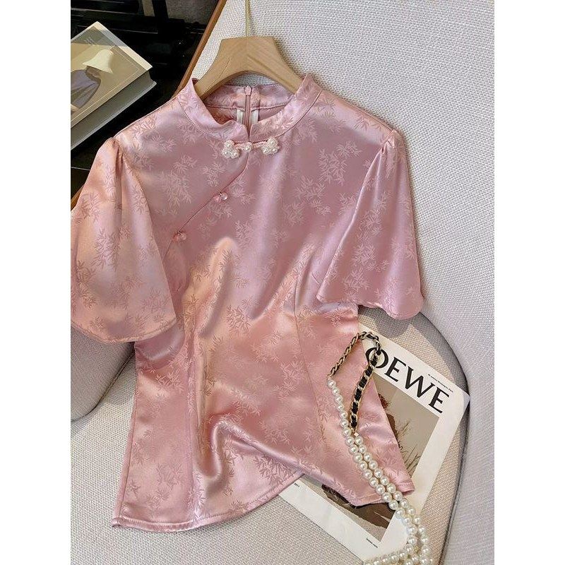 立领盘扣衬衫女短袖2052