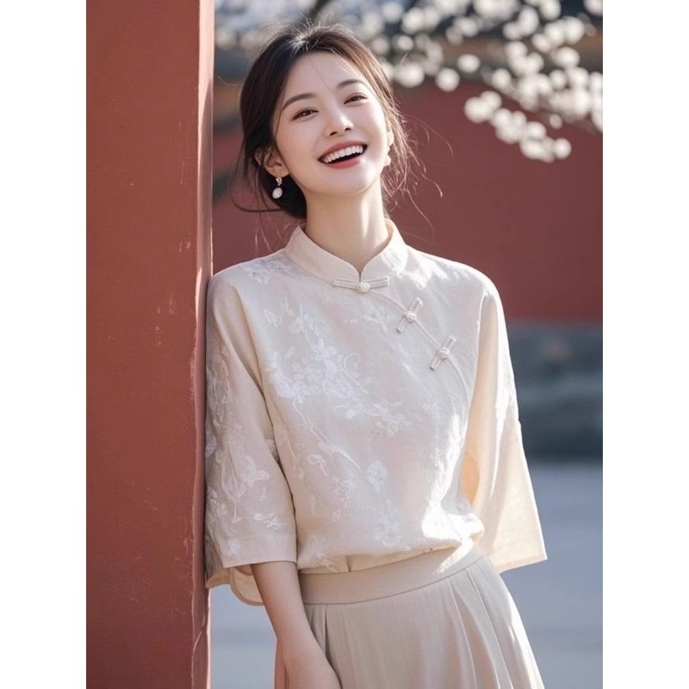 新中式国风衬衫宽松气质上衣女士2025新款夏季洋气复古唐装高级感