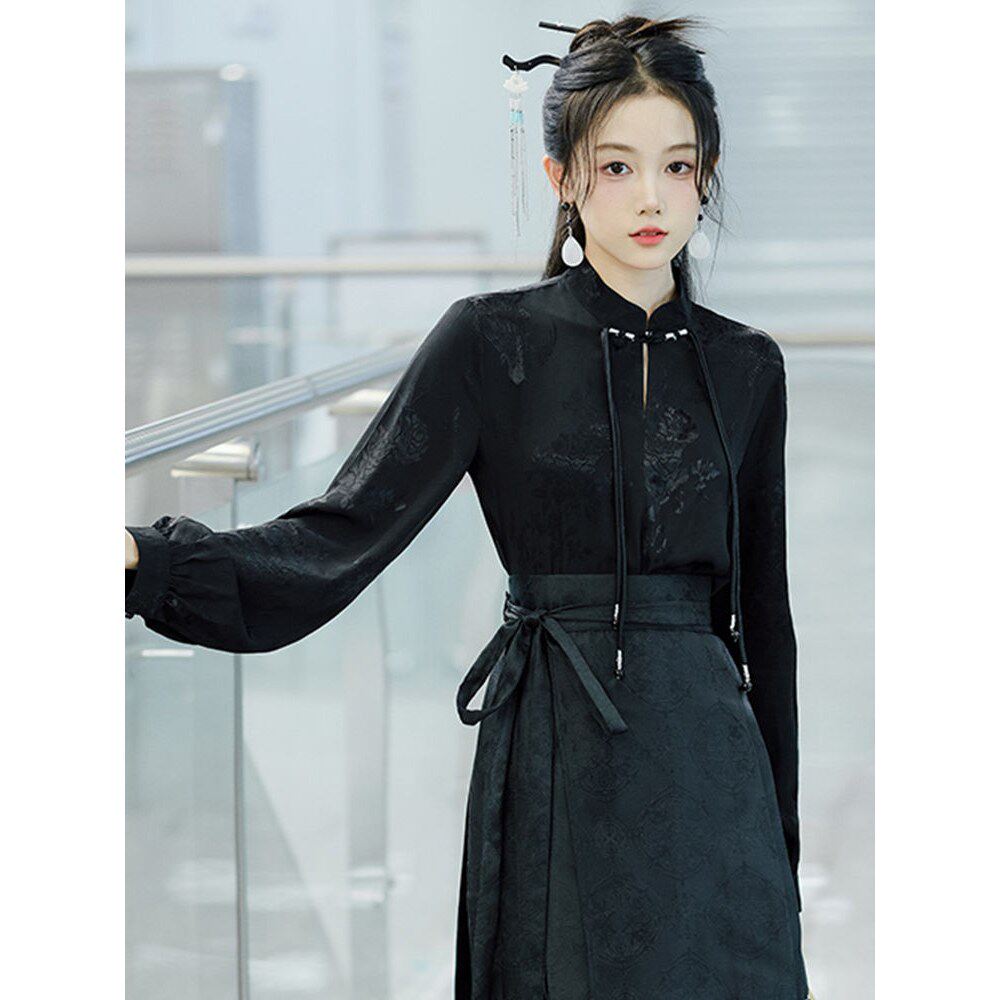 新中式国黑色立领衬衫长袖1146