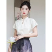 上衣夏季 短袖 新中式 马面裙搭配 国风衬衣盘扣改良旗袍立领衬衫 女