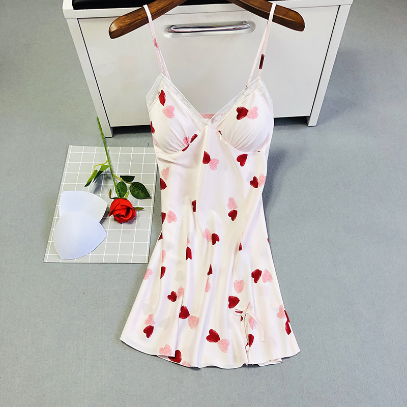 睡衣女夏季冰丝绸性感吊带胸垫新款韩版爱心甜美打底私房睡裙薄款