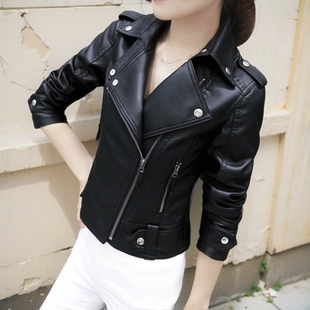春秋新款pu皮衣女小外套短款机车黑色休闲女士修身高腰皮夹克