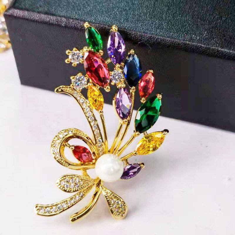 2021新款韩版彩色锆石珍珠花卉胸针女高档花朵胸花别针西装配饰品