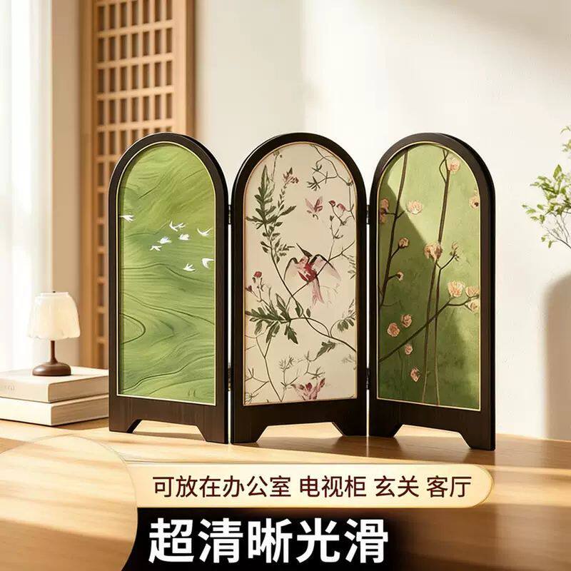 新中式绿色飞鸟屏风桌面摆件玄关柜茶桌家居装饰品客厅摆画礼品