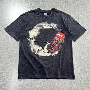 棉短袖 美式 圆领宽松休闲胖大码 水洗做旧夏季 T恤外贸 赛车复古潮流