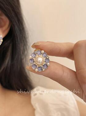 温柔浪漫珍珠紫色圆形耳环时尚气质法式高贵优雅蚊香盘无耳洞耳夹