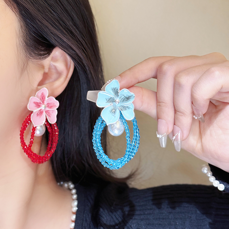 粉紫花朵水滴珍珠流苏蚊香盘耳夹