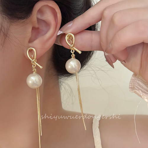 长款金属打结珍珠流苏蚊香盘耳夹