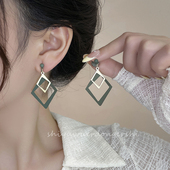 简约气质绿色镂空几何长款 高级网红蚊香盘无耳洞耳夹 耳饰耳环个性