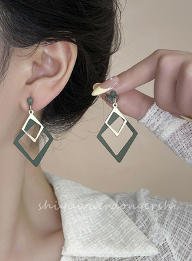 简约气质绿色镂空几何长款耳饰耳环个性高级网红蚊香盘无耳洞耳夹