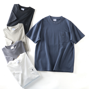 日系全棉水洗单口袋INS潮牌宽松阔版落肩休闲圆领短袖T恤男士夏季