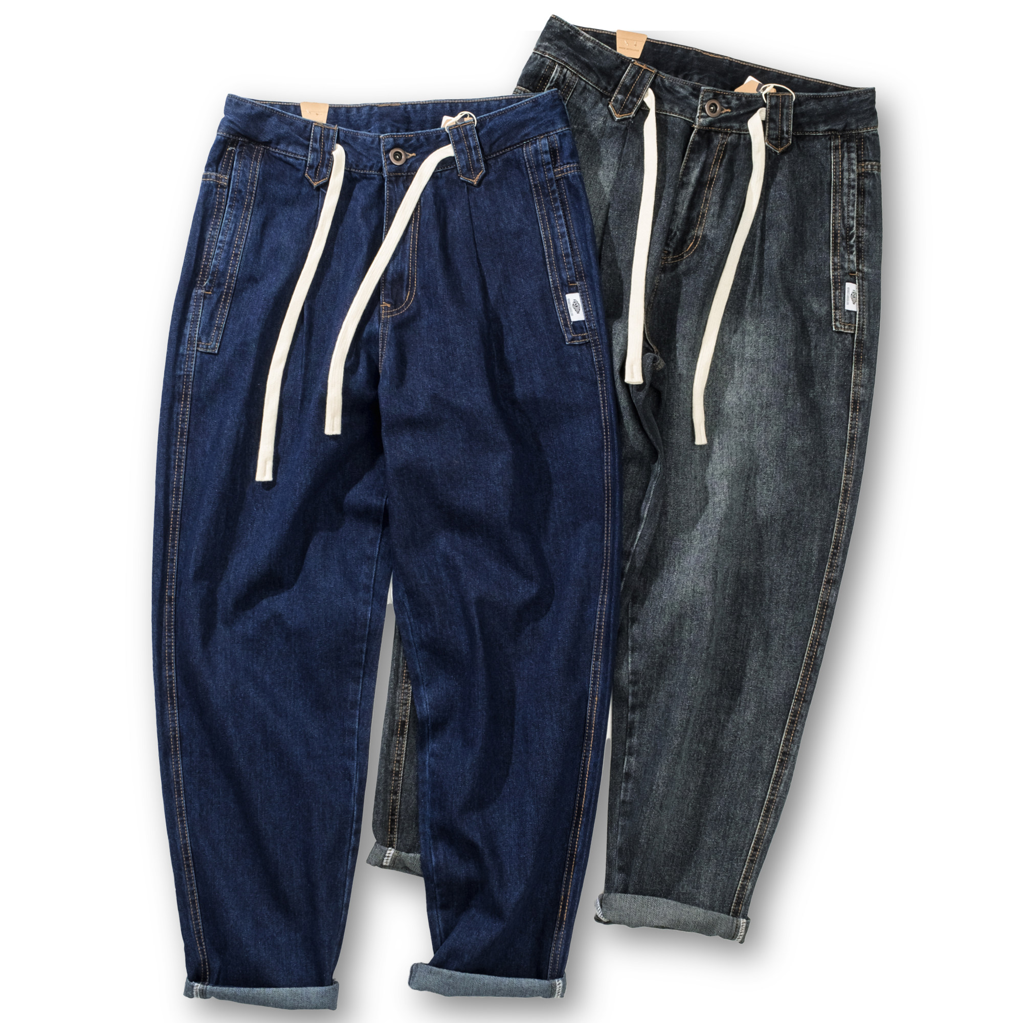 美式复古做旧水洗牛仔裤宽松大码阔腿松紧腰直筒休闲长裤男潮