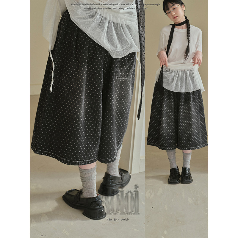 Aoioi日系少女百搭波点牛仔七分裤女春夏百搭宽松显瘦阔腿裤子