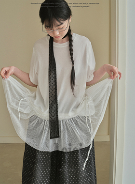 Aoioi日系少女波点网纱拼接短袖T恤女春夏宽松显瘦设计感上衣