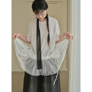 2件8折 T恤春夏 Aoioi 日系少女波点网纱拼接短袖