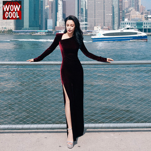 李冰冰同款深酒红色真丝绒连衣裙主持人晚礼服斜肩长款收腰显瘦女