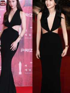 郑秀晶周冬雨何蕙同款黑色晚礼服2024新款性感连衣裙深v露腰露背