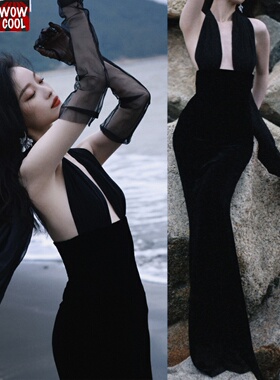 倪妮周雨彤同款黑色挂脖深v礼服裙露背港风收腰长连衣裙性感薄纱