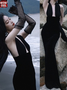 倪妮周雨彤同款黑色挂脖深v礼服裙露背港风收腰长连衣裙性感薄纱