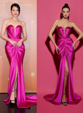 胡杏儿同款玫红色晚礼服新娘抹胸鱼尾裙丝质缎面醋酸2024新连衣裙