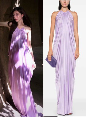 文咏珊欧阳娜娜同款紫色挂脖红毯礼服裙长款连衣裙晚宴会醋酸缎面
