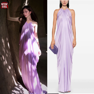 文咏珊欧阳娜娜同款紫色挂脖红毯礼服裙长款连衣裙晚宴会醋酸缎面